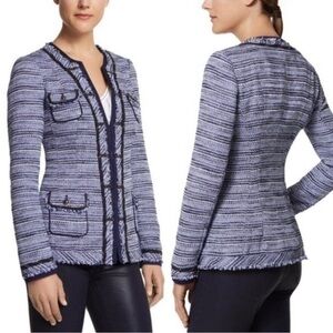 WHBM Blue Tweed Fringed Chain Detail Long Blazer Jacket Size 0